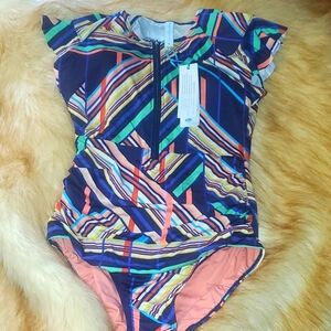 New with tags Sunsoaked Janine Ruffle puff Sleeve swimsuit sz 12 one piece